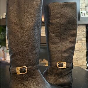 Tory Burch Black Pebbled Leather Over-the-Knee Boots with Gold Buckles